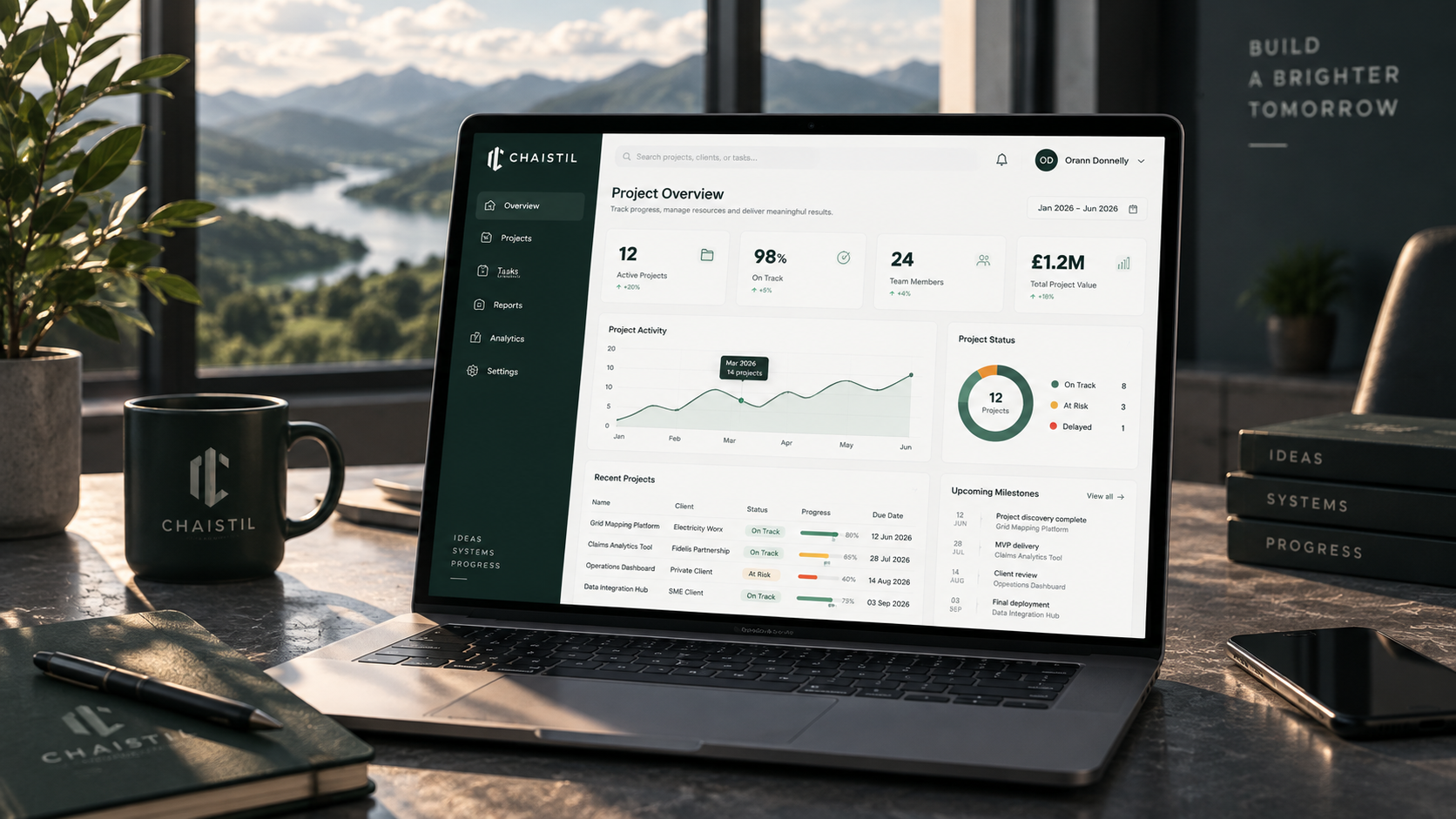 A Chaistil project dashboard shown on a laptop, tracking active projects, on-track status, team members and project activity over time.